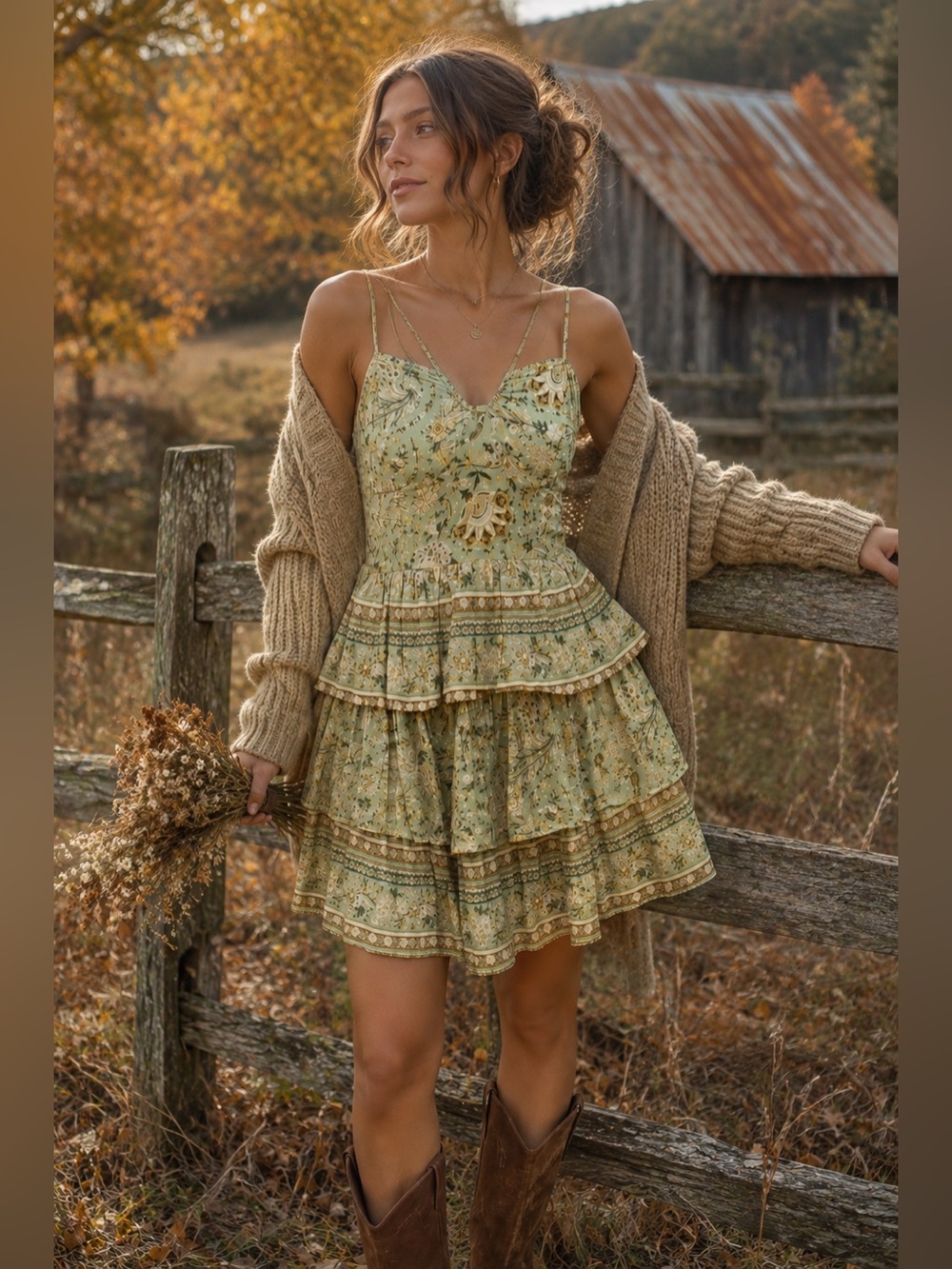 American Eagle Floral Tiered Mini Dress Sage Green Cottagecore Boho L - Picture 1 of 10